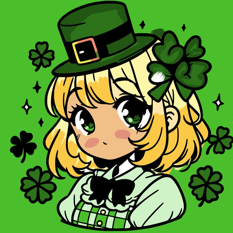 a manga-style girl with clovers around her, a little hat in her hair, like it's saint patrick's day