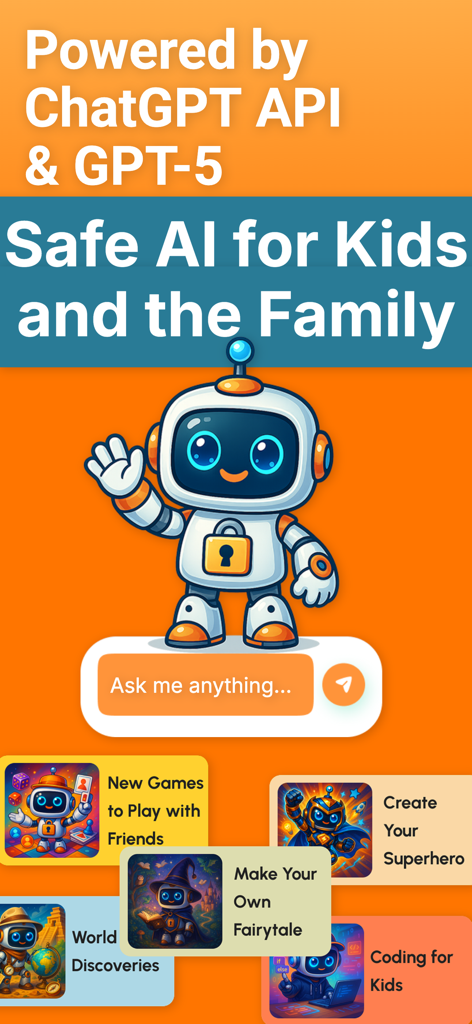 Chat Kids: Safe AI for Family - Interface of Chat Kids app showing a friendly robot assistant and various educational activities like coding storytelling and superhero creation