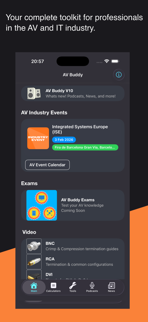 AV Buddy - AV Buddy 앱의 메인 대시보드. 업계 이벤트 및 커넥터 종료 가이드가 표시됩니다.