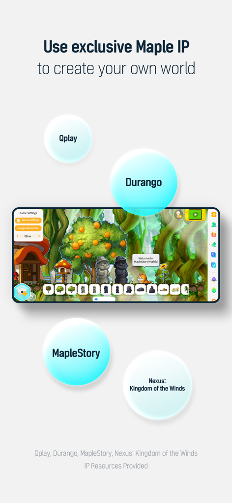 MapleStory Worlds - Mobile screen showing the MapleStory Worlds creator interface with 2D pixel art assets and world building tools.
