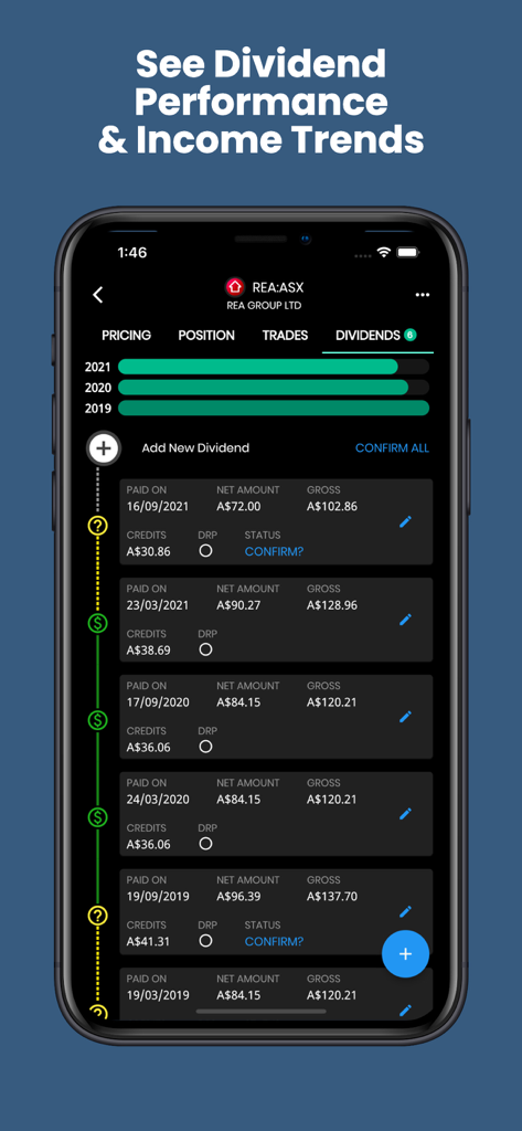 Navexa Portfolio Tracker - Navexa app interface showing dividend income performance and history for an investment portfolio