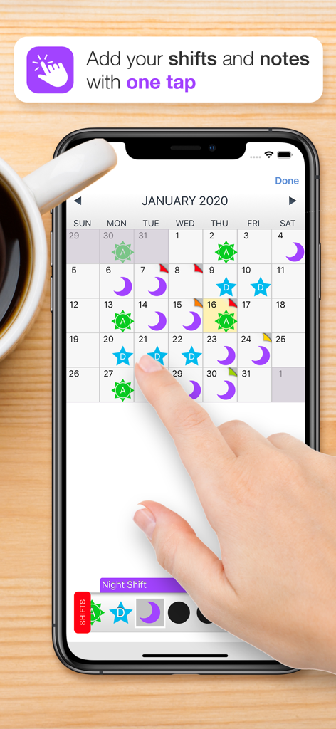 Interfaccia dell'app Shift Worker che mostra un calendario mensile con icone di turno e una mano che tocca una data per aggiungere un turno