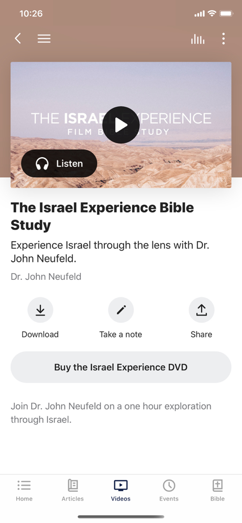 Back to the Bible Canada - The Israel Experience Bible Study video screen with options to listen and download