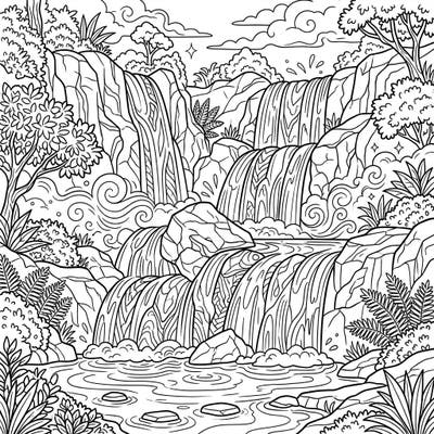 Explore the majestic power of nature with this intricate segmented waterfall coloring page. Dive into a scene brimming with distinct water flows, rocky textures, and lush plant life, perfect for a relaxing creative escape.