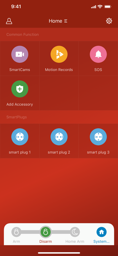 S6evo home security app dashboard featuring alarm controls and smart plug management