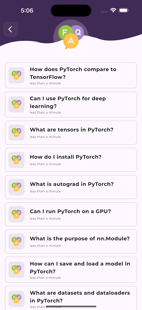 Learn PyTorchアプリの画面。インストールとディープラーニングの概念に関するよくある質問のリストが表示されています。