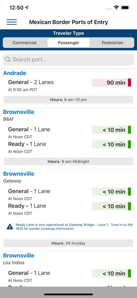 O aplicativo CBP Border Wait Times exibindo tempos de espera em tempo real para veículos de passageiros nos portos de entrada mexicanos, como Andrade e Brownsville.