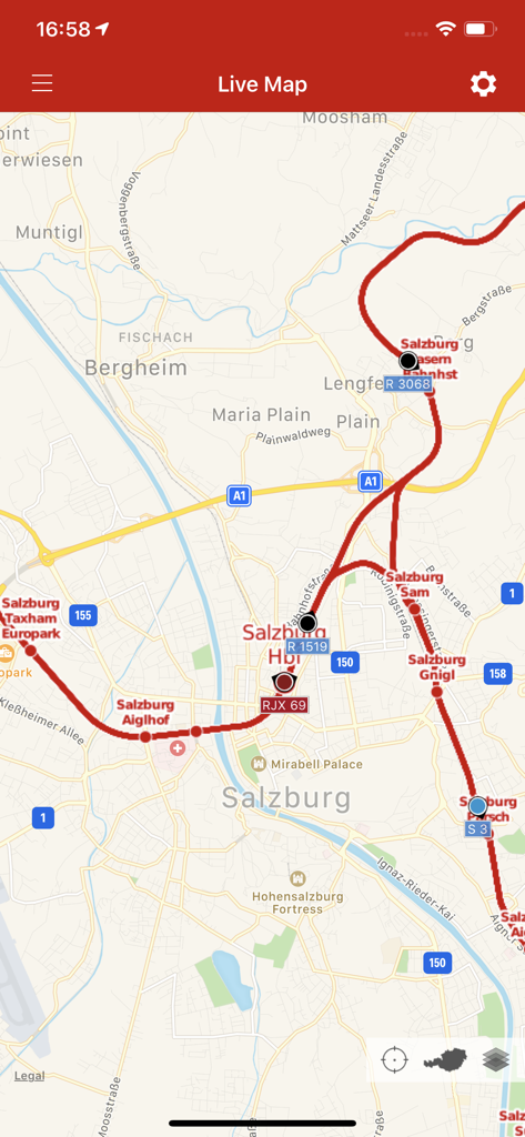ÖBB Scotty - Echtzeit-Zugradar-Karte, die Bahnstrecken und Fahrzeugpositionen in Salzburg innerhalb der ÖBB Scotty App zeigt