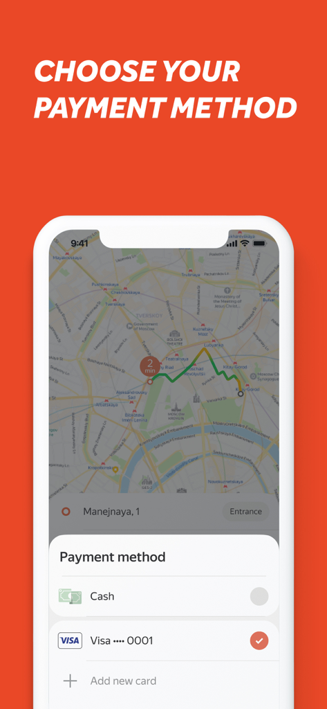 Vezet — order taxis - Interface de l'application de taxi Vezet pour choisir entre les modes de paiement en espèces ou par carte