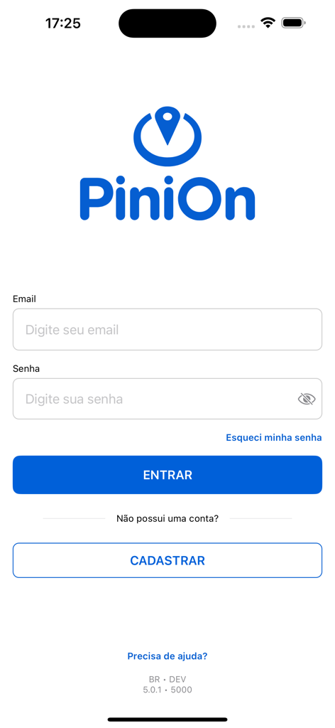 PiniOn - Écran de connexion de l'application PiniOn affichant les champs d'e-mail et de mot de passe avec un bouton bleu de connexion