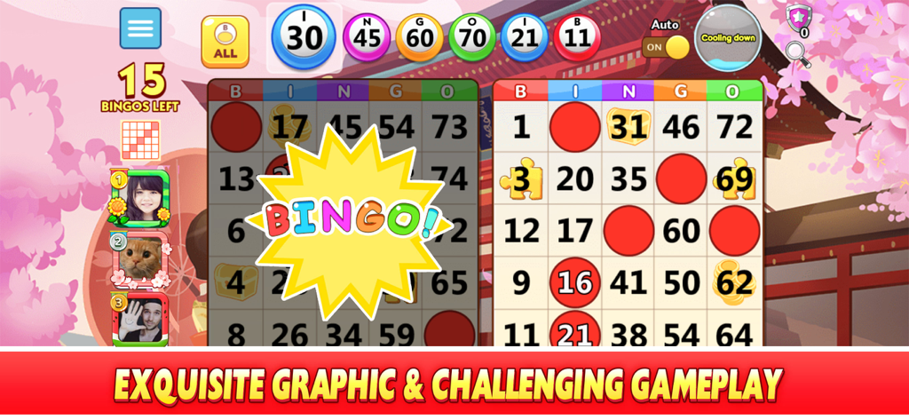 Bingo Win™: Live Bingo Games - Bingo Win gameplay featuring multiple bingo cards and a Japanese themed room with cherry blossoms