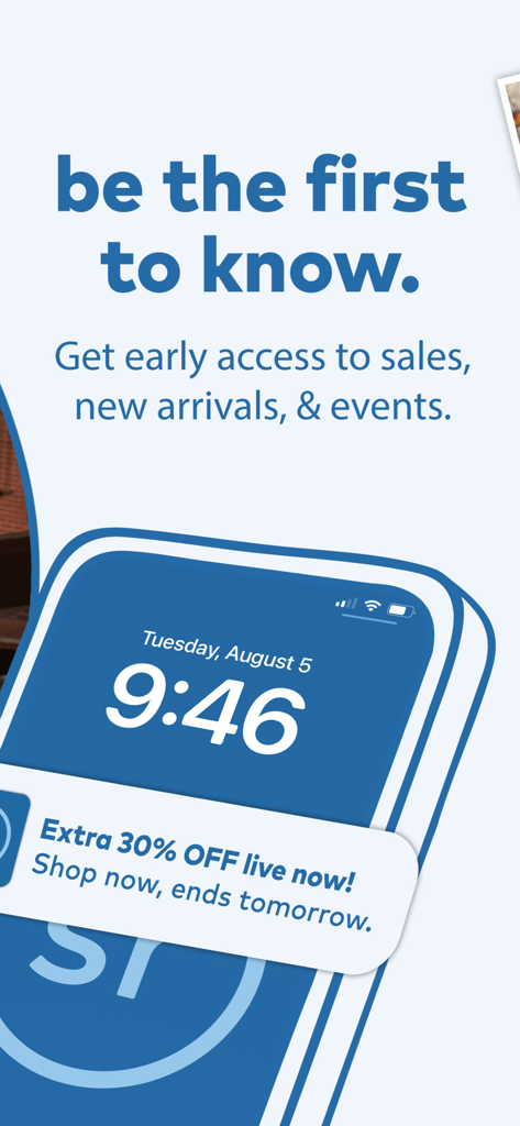 Stride Rite app screen showing early access notifications for sales and new arrivals