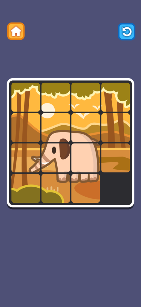 A sliding puzzle game featuring a cartoon elephant in a forest setting