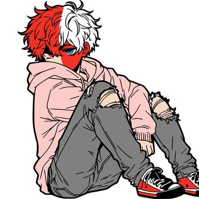 a male hoddie ripped jeans messy hair anime