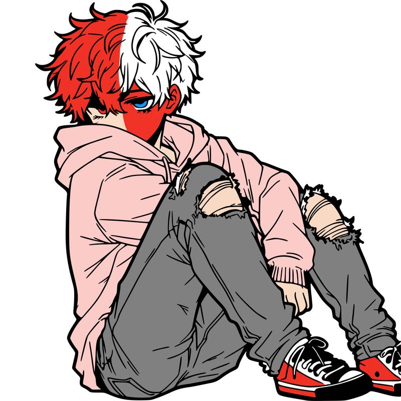 a male hoddie ripped jeans messy hair anime