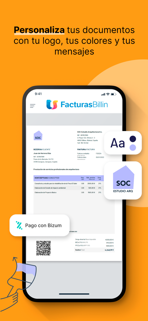 Presupuestos y facturas Billin - Pantalla de la aplicación móvil Billin que muestra opciones para personalizar facturas profesionales con un logo y colores de marca
