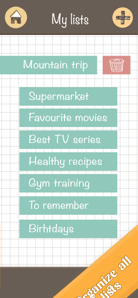 Grocery List - Shopping Simple - Captura de pantalla de la pantalla Mis listas en la aplicación Lista de la Compra mostrando categorías como Supermercado y Recetas saludables