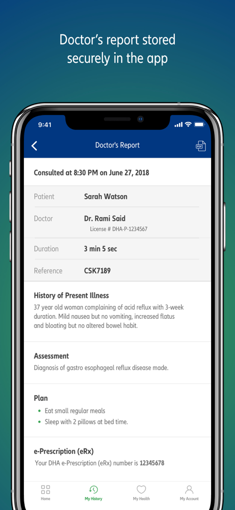 LiveDoc by Health at Hand - A secure digital doctor's report in the LiveDoc app showing patient consultation details and a medical treatment plan.