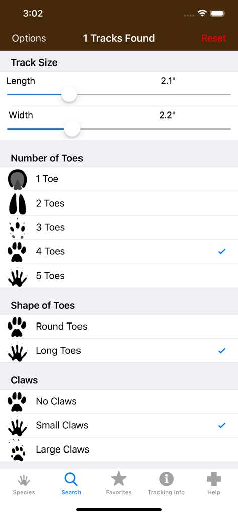 iTrack Wildlife Basic - Search interface of the iTrack Wildlife app showing animal track identification filters for size, toe count, toe shape, and claw type.