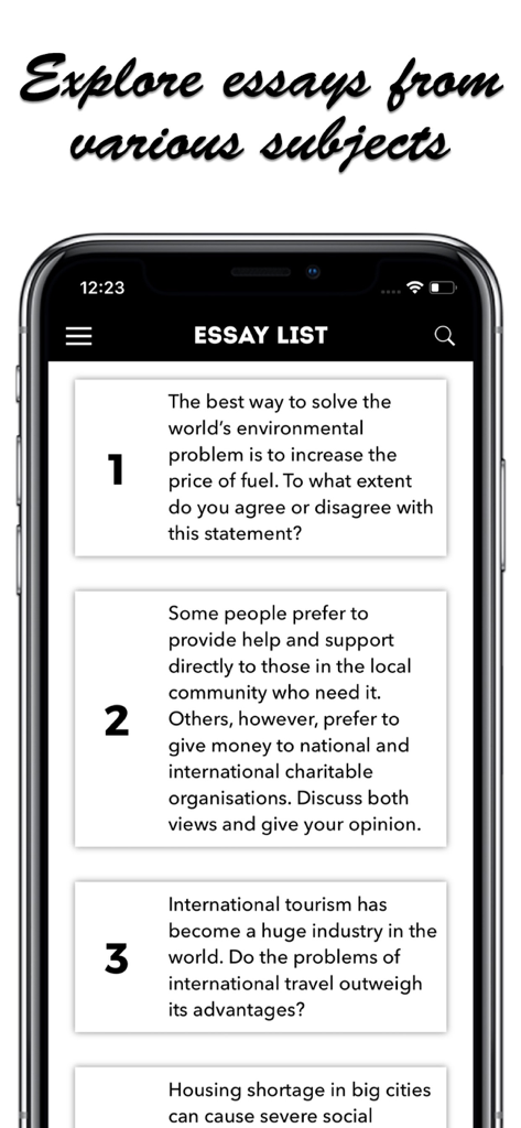 Mobile app screen displaying a list of IELTS essay writing topics and prompts.
