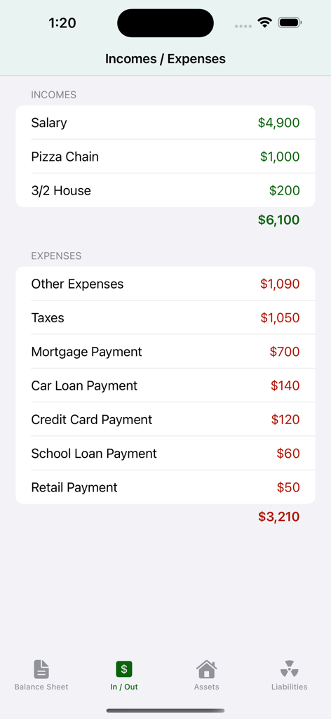 Cashflow Balance Sheet - Income and expenses screen showing salary passive income and various monthly payments