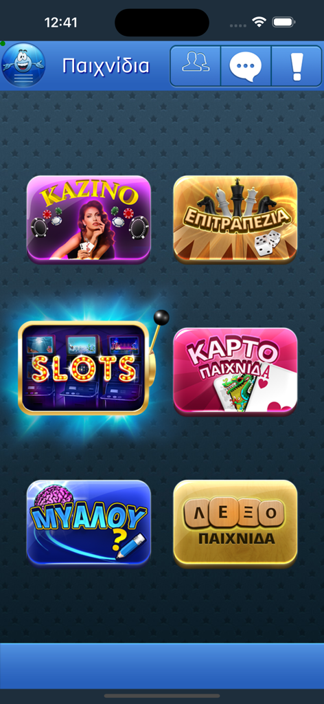 Pantalla del menú principal de la aplicación dod Games que muestra categorías de juegos griegos, incluyendo Juegos de Mesa de Casino, Tragaperras, Juegos de Cartas y Juegos de Palabras