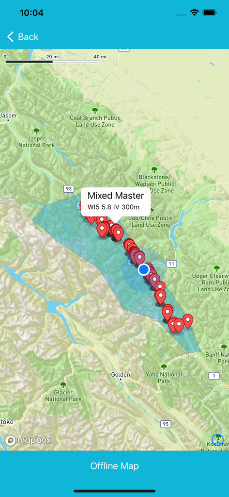 Ice and Mixed: Western Canada - Offline map view in the Ice and Mixed app showing climbing routes and details for Mixed Master in the Canadian Rockies