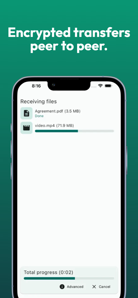 LocalSend smartphone interface displaying secure peer to peer file transfer progress for PDF and video files