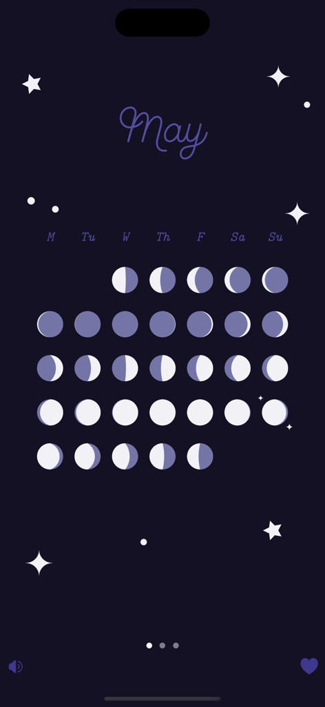 Vista de calendario mensual que muestra las fases lunares diarias de mayo en la aplicación Luna