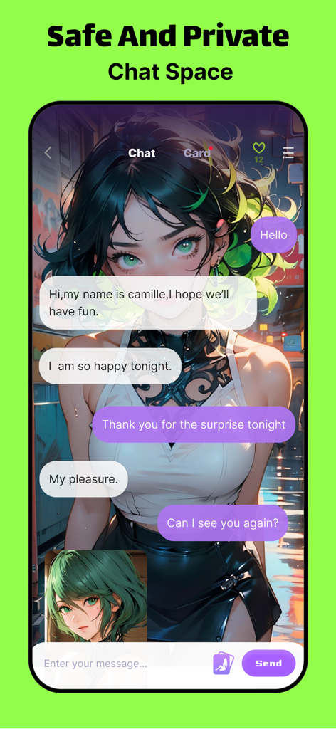 Interface of Magic Fantasy Roleplay Chat showing a private conversation with an AI anime character named Camille.