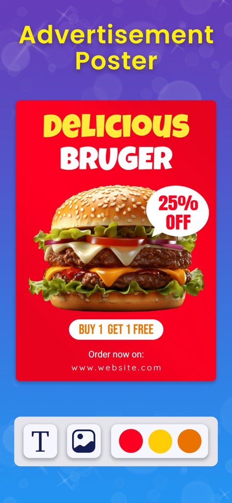 Une affiche publicitaire professionnelle pour un burger avec un fond rouge et un texte promotionnel créée à l'aide d'une application de design IA