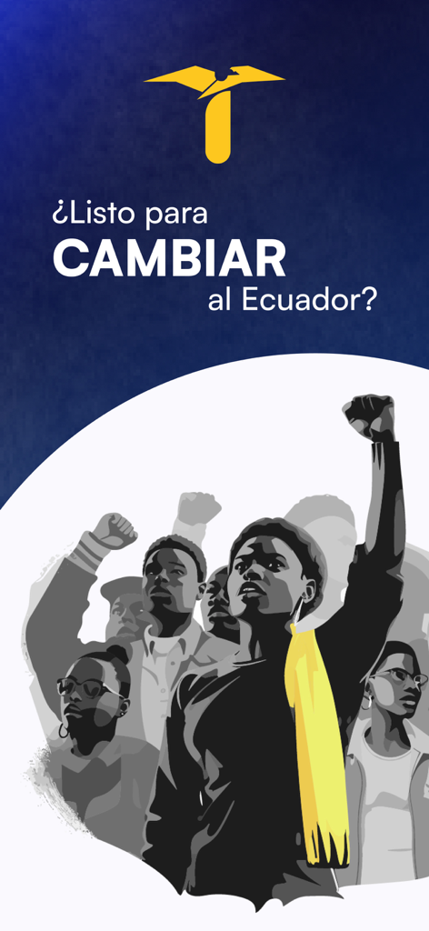 Transforma. - Écran de démarrage de l'application Transforma avec une illustration d'activistes politiques et le texte demandant si vous êtes prêt à changer l'Équateur