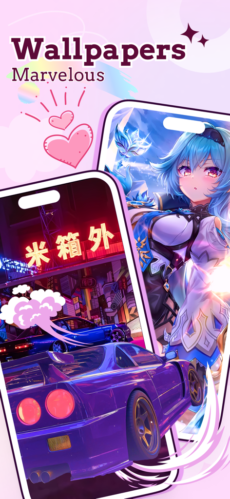 ThemeX: App Icons & My Widgets - Dos iPhones mostrando un personaje de anime y un coche de neón cyberpunk como fondos de pantalla de alta calidad de la aplicación ThemeX.