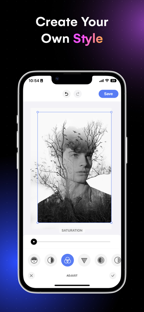 Blend Photos - A mobile app interface displaying a double exposure effect blending a male portrait with a tree and flying birds