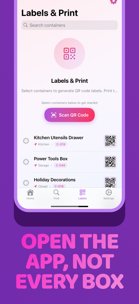 FееtFiηdеr Inventory app - Labels and print screen of an inventory app showing QR codes for storage containers like kitchen utensils and power tools