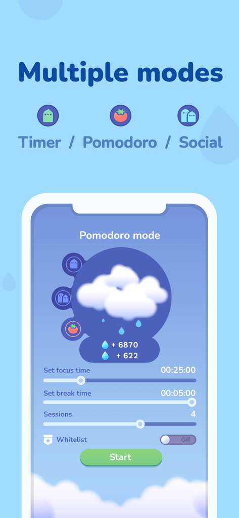 Focus Plant: Forest phone lock - Focus Plant 앱 인터페이스에 집중 및 휴식 시간 슬라이더가 있는 뽀모도로 모드 설정 표시