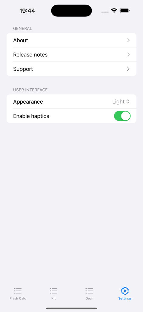 Manual Flash Calculator - Manual Flash Calculator settings screen showing user interface and general application options