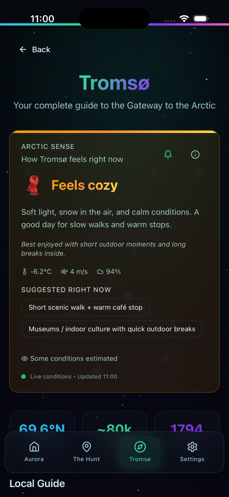 Aurora Tromsø App Lokaler Führer Bildschirm mit Wetterbedingungen und Aktivitätsempfehlungen.