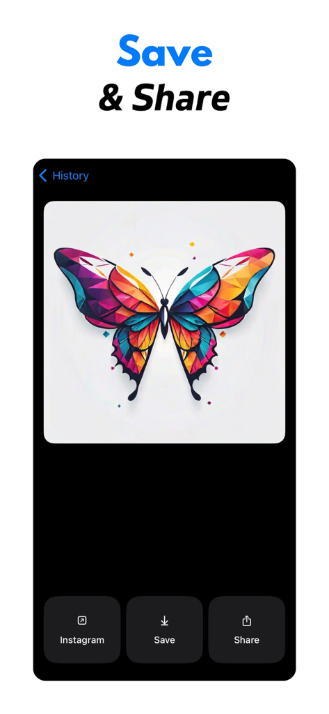 AI Logo Generator+ - A colorful geometric butterfly logo displayed on the save and share screen of the AI Logo Generator app.