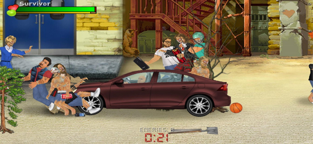 Extra Lives - A group of survivors and zombies interacting around a red car in a city alleyway.