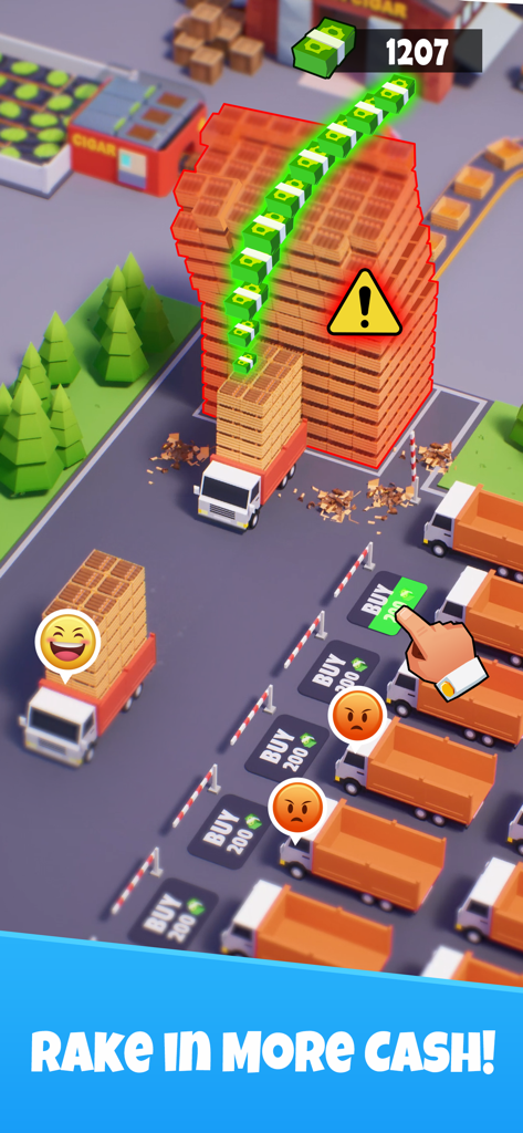 Idle Mafia gameplay screen showing trucks and a warehouse with the text Rake in more cash