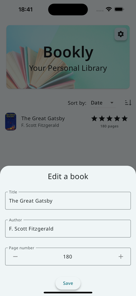 Bookly - Reading Tracker - Mobile app interface of Bookly showing the edit book screen for tracking reading progress