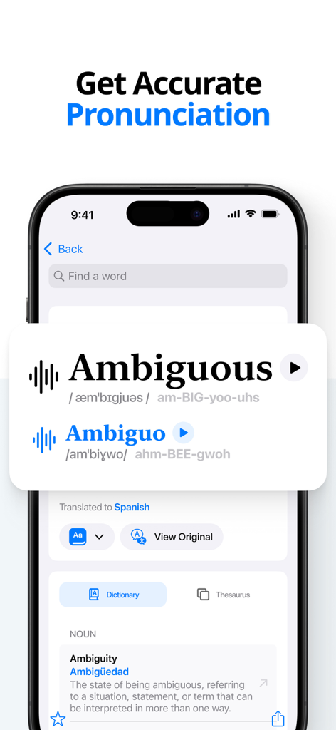 Interfaz de la aplicación Dictionary Air que muestra la pronunciación fonética y la traducción de la palabra Ambiguous en inglés y español