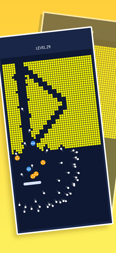 Huge Bricks mobile game level showing multiple balls breaking yellow bricks