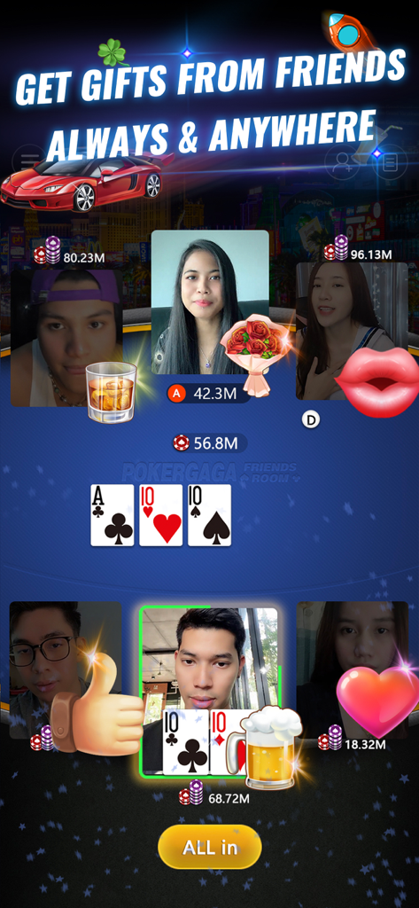 Mobile app screen of PokerGaga showing a Texas Holdem game with six players on live video chat exchanging virtual gifts
