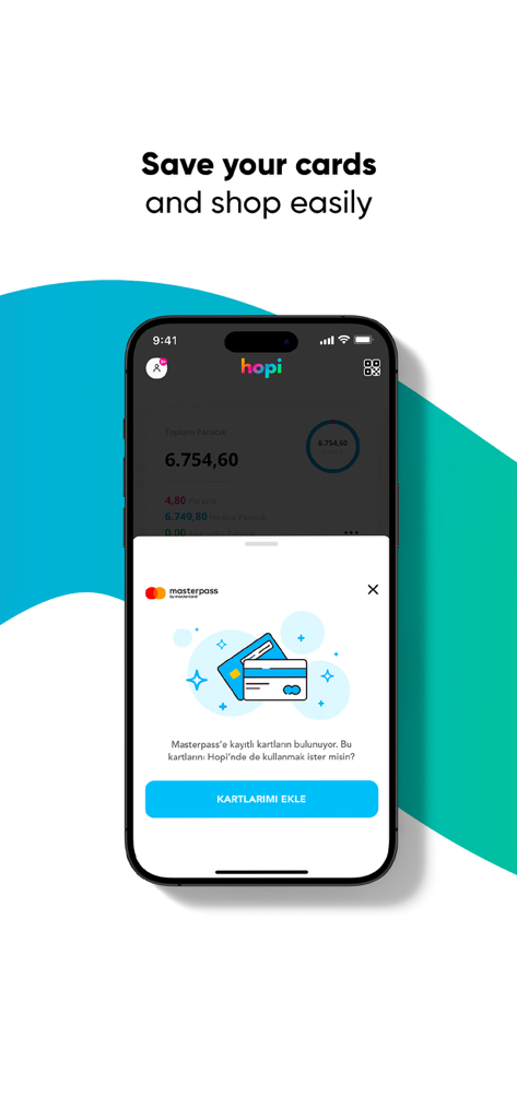 Hopi - Rewarding Shopping - Hopi app screen showing a Masterpass notification to add saved credit cards for easy mobile payments.