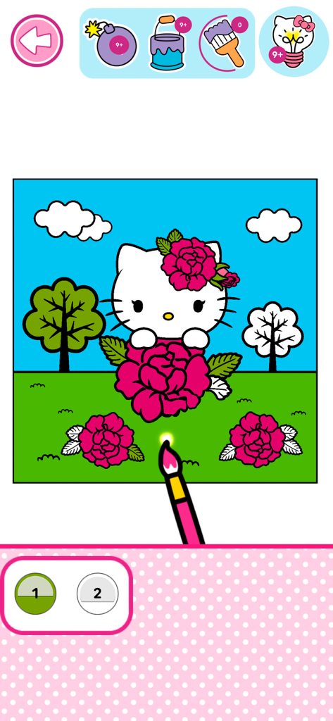 Hello Kitty: Coloring Book - 헬로 키티 번호별 색칠 게임 플레이, 장미가 있는 정원 장면 표시