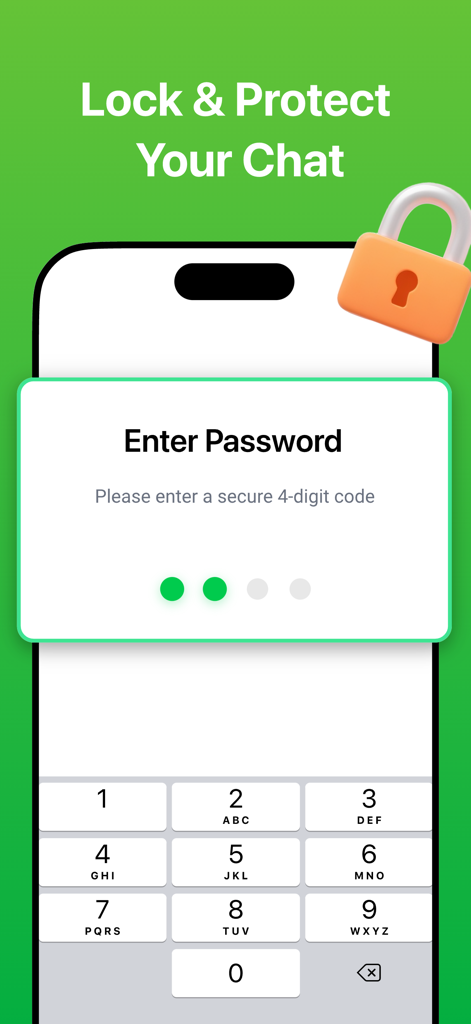 Messages Recovery - ReChat - A smartphone screen showing a 4-digit password entry field to lock and protect private chats with a padlock icon