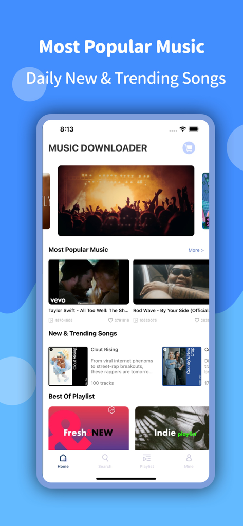 Music Downloader For Mp3 - Interface of Music Downloader for Mp3 showing popular music and trending songs.