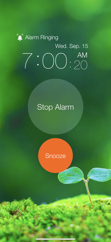 Interface of the One Touch Alarm Clock app showing an active alarm at 7 AM with Stop Alarm and Snooze buttons over a nature background